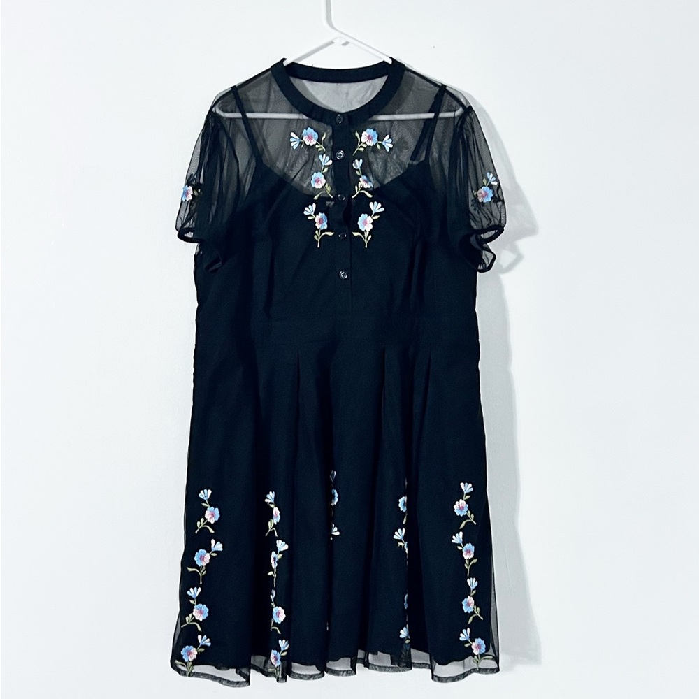 eShakti Shirt Dress Women's Size 3x Black Floral Embroidery Sheer Tulle Overlay
